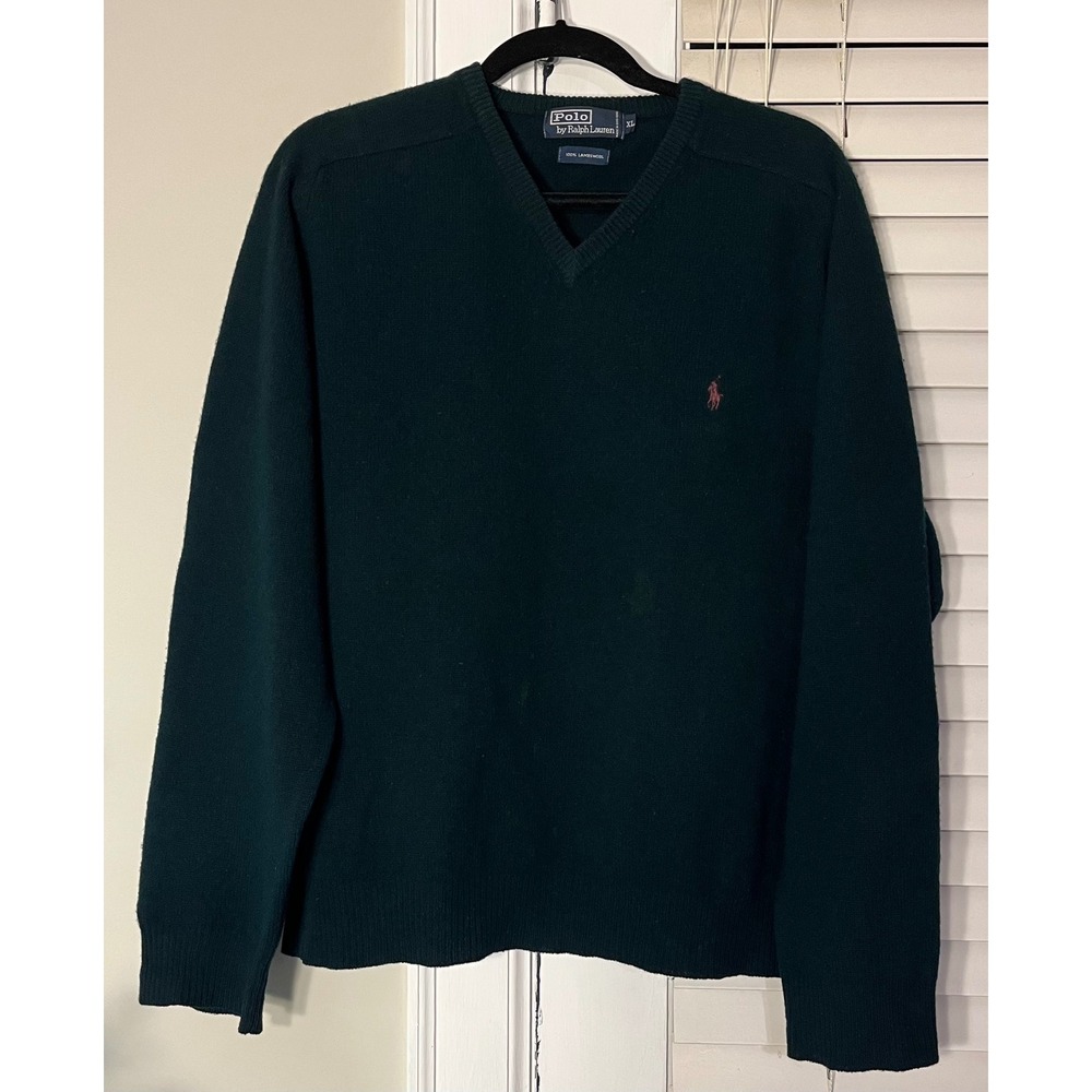 Y2K VTG Polo Ralph Lauren Mens V Neck Sweater Deep Green Lambswool XL Holiday